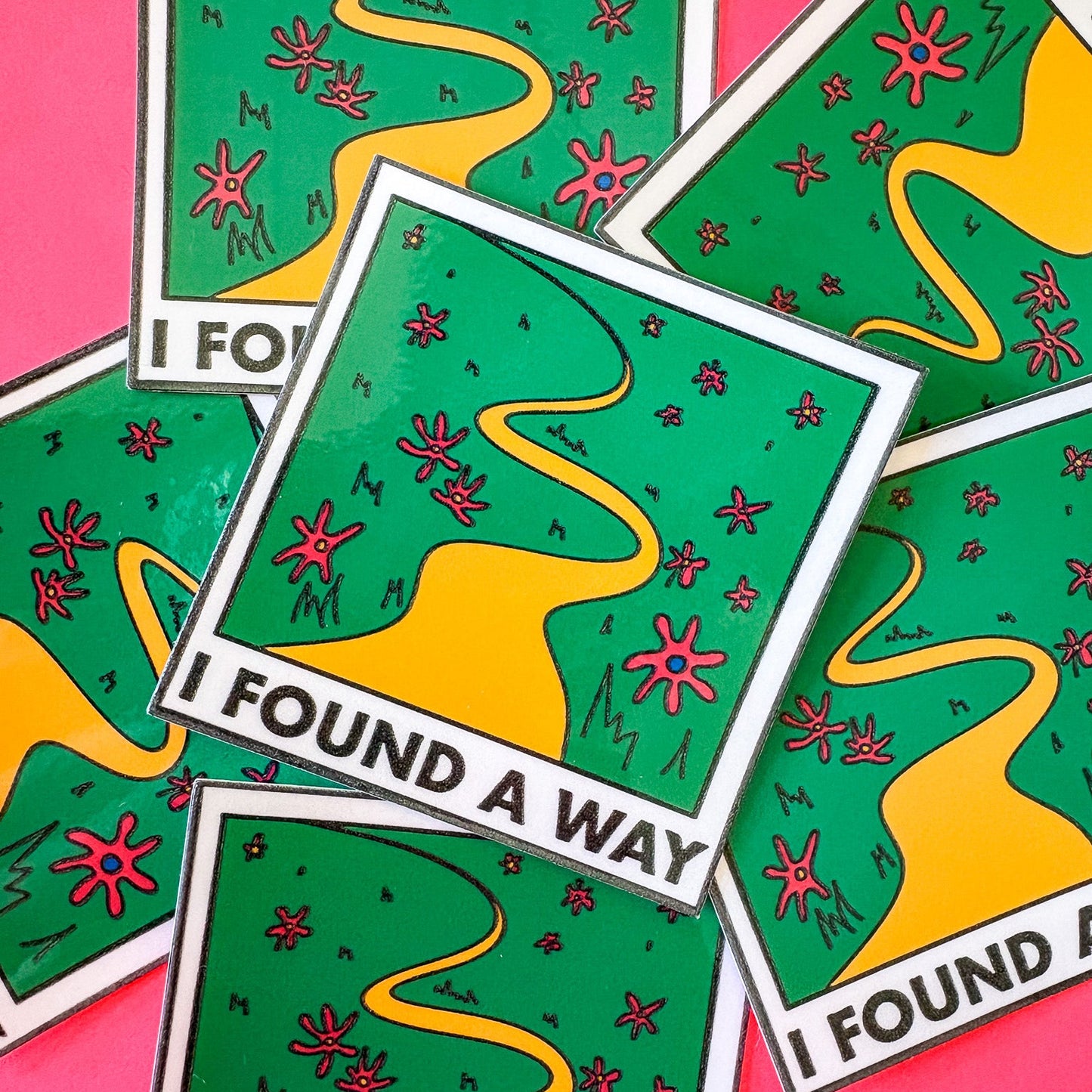 Stickers with green background, yellow paths, pink flowers, and 'I Found A Way' text on a pink background.