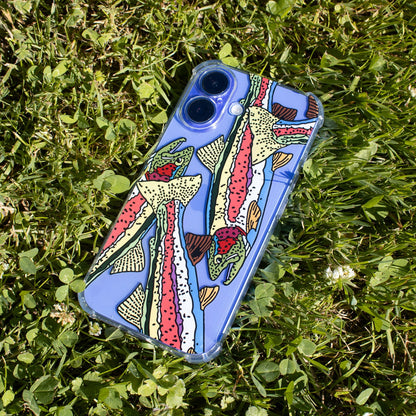 Colorful phone case with rainbow trout design on grass