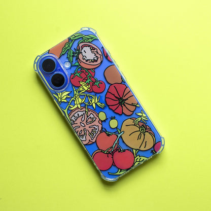 Phone case with colorful fruit design on a yellow background