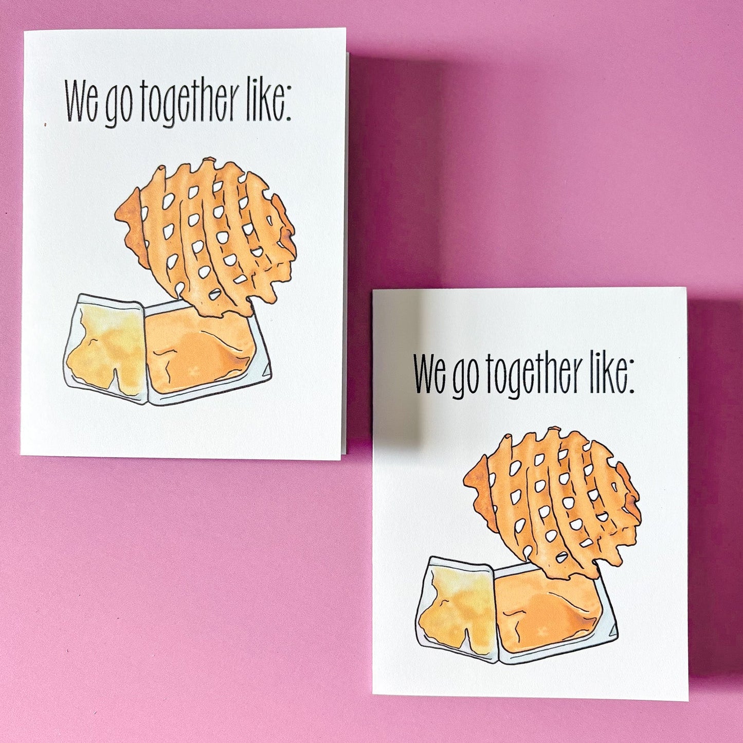 Two greeting cards with illustrations of food items on a pink background