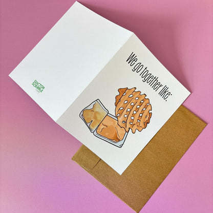 Greeting card with waffle and sauce illustration on a pink background